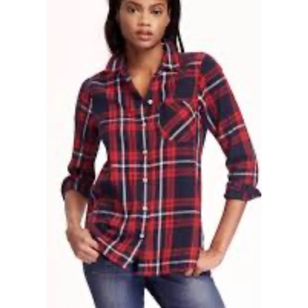 Old Navy Flannel Shirt Womens XS Red Navy Plaid Button Up Long Sleeve